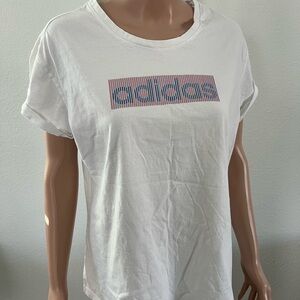 adidas White Tee with Pink and Blue Striped Logo - Women's Crewneck